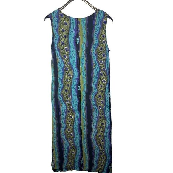 American Vintage 90's JM 100% Rayon Green Blue Beaded Floral Maxi Dress Size L - Picture 2 of 6